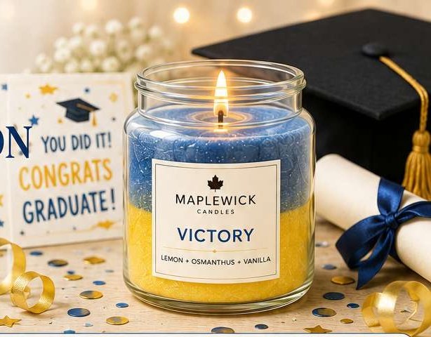 Maple Wick graduation celebration candle and achievement details