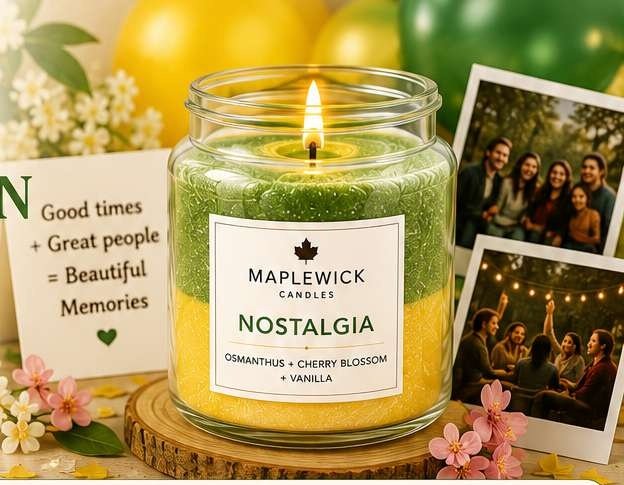 Maple Wick reunion candle with celebration photographs