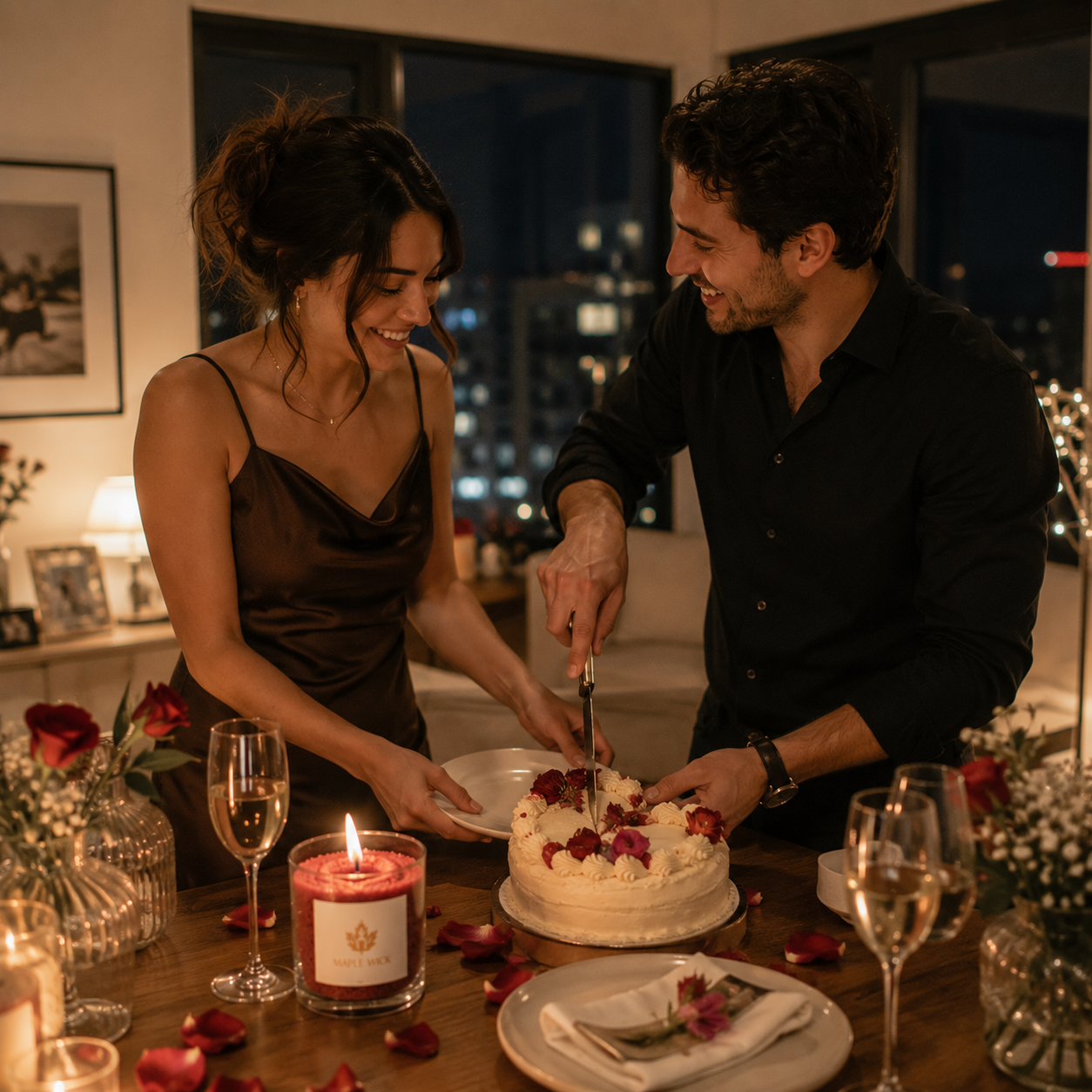 A warm date-night moment with a Maple Wick candle